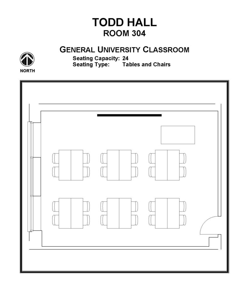 Layout diagram of Todd Hall, Room 304, General University Classroom. Seating capacity of 24, seating type is tables and chairs.