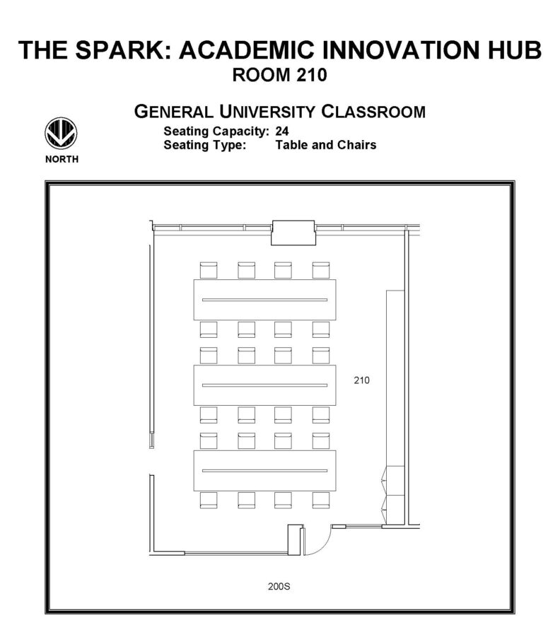 Layout diagram of The Spark: Academic Innovation Hub, Room 210, General University Classroom. Seating capacity of 24, seating type is tables and chairs.