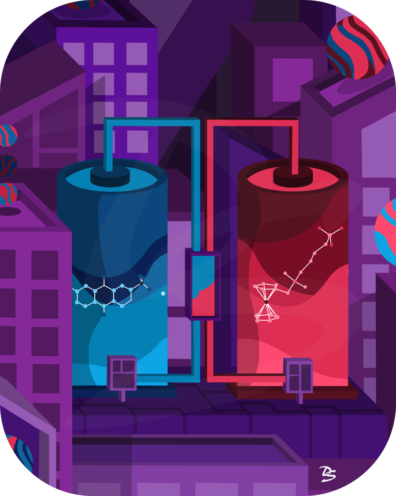 Artistic representation of a redox flow battery. Features a blue cylinder with an organic molecule on the left and a red cylinder with a ferrocene derivative on the right.
