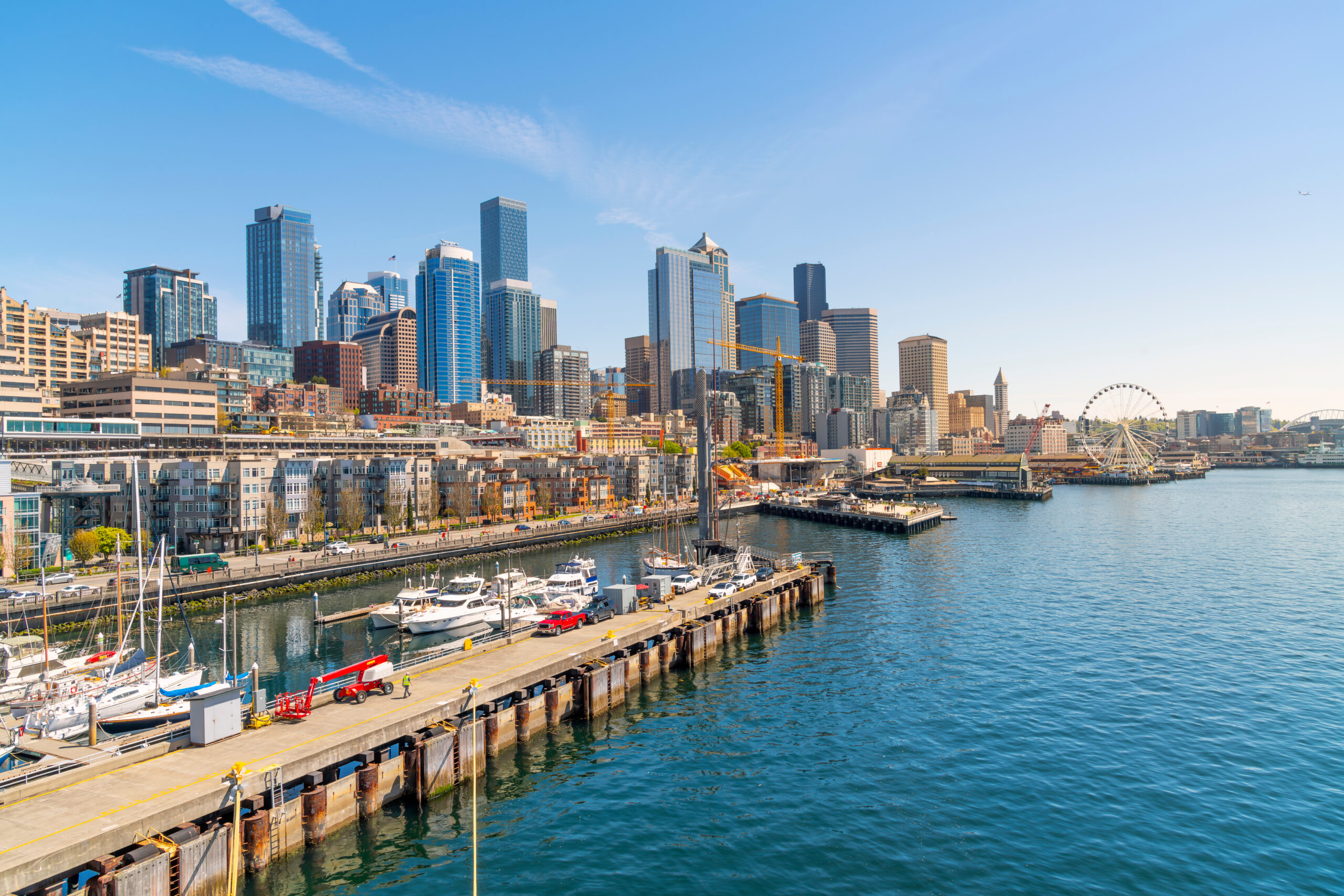 Panoramic view of the Seattle Waterfront along the Puget Sound with skyscrapers,
