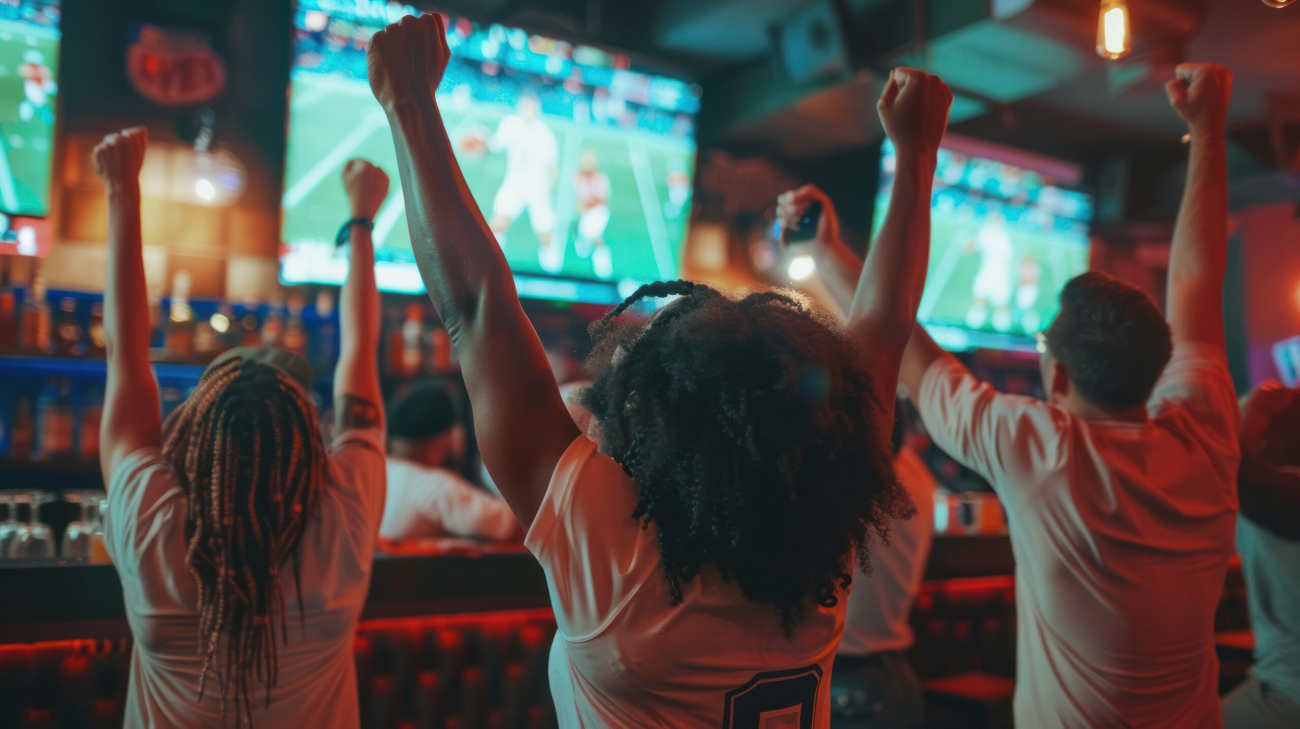 People facing a tv cheering for a football game.