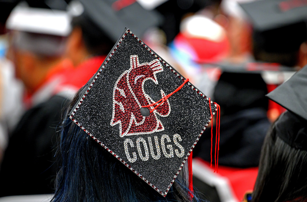 A graduation cap bedazzled with a WSU logo and "Cougs" in crimson and silver.
