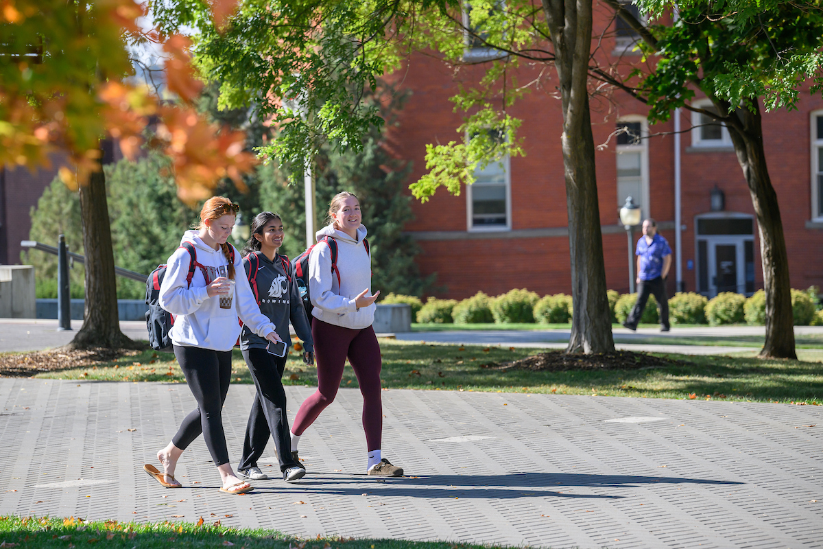 Three female students walking on campus with trees changing color in the background.