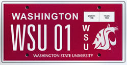 A crimson WSU custom Washington Licence plate with the WSU logo on it.