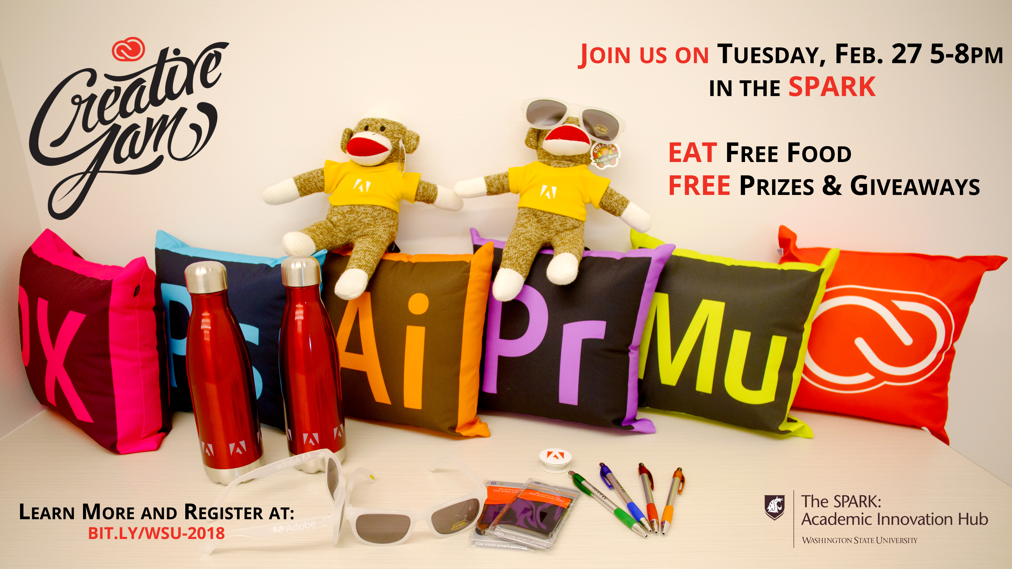 Adobe Creative Jam - join us on tuesday feb 27 5-8 pm in the spark - eat free food, free prizes and giveaways - learn more and register at bit.ly/wsu-2018