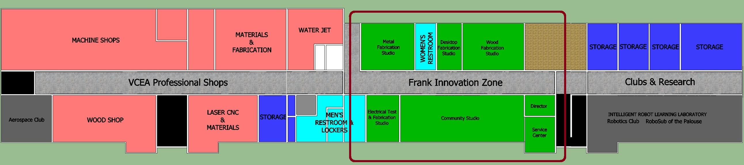 Partial floor plan of Dana Hall basement highlighting area dedicated to the Frank Innovation Zone.