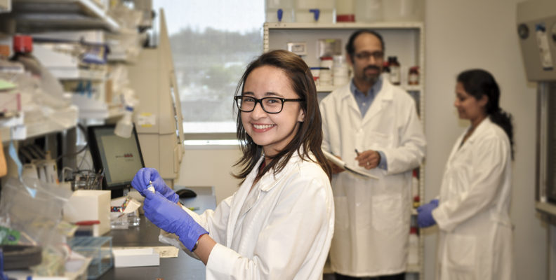 PhD student Sabrina Fechtner inside the lab of Dr. Salah-Uddin Ahmed