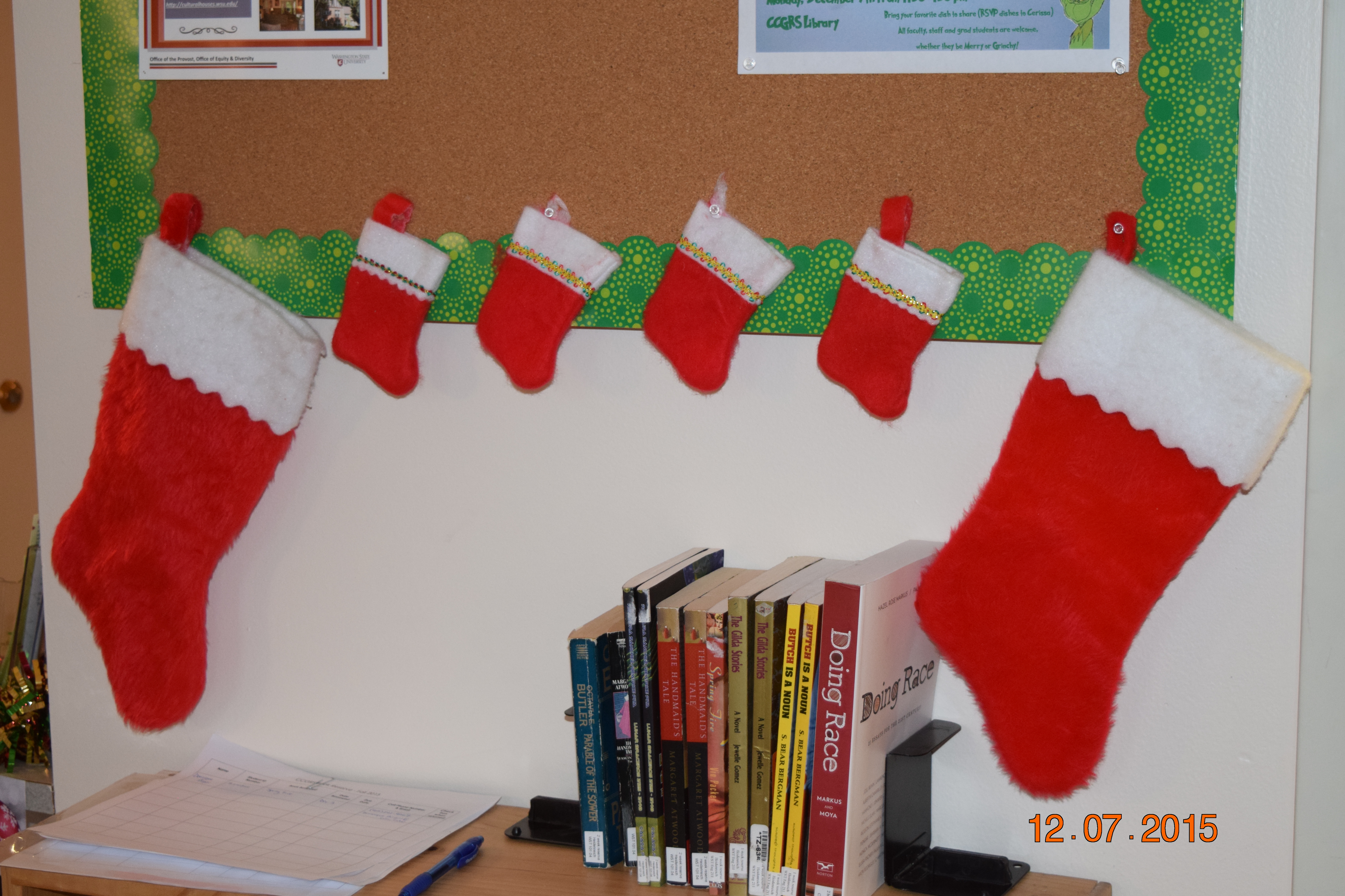 office holiday decor. ccgrs office bulletin board with stockings holiday decor r