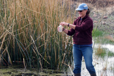 Katherine Strickler, a research associate in the School of the Environment, samples water in a search for minute amounts of DNA that could signal the presence of at-risk species.