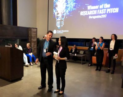 Monica Chang, a 15-year-old from Camas, parlayed her experience in the WSU Vancouver lab of Barbara Sorg to win the “Research Fast Pitch” competition at the Oregon Bioscience Showcase. Credit: Kim Newman.