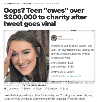 Here's how CBS News reported on Danni Messina's viral fundraising Tweet.