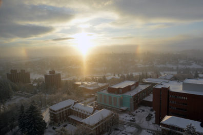 Snow-covered WSU Pullman campus from winter 2016-17