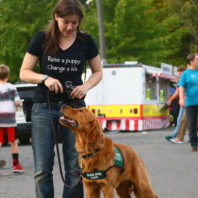 Katherine Martucci and 9-month-old male Golden Retriever, Casper, walking.
