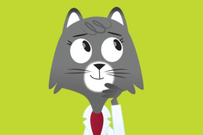 Dr. Universe is an illustration of a feline in a lab coat