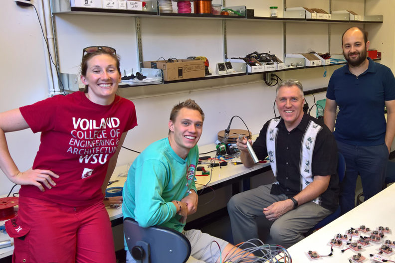 WSU device assembly team (l-r:) Sasha Richey, MME student Ian Laursen, Kirk Reinkens and Arda Gozen.