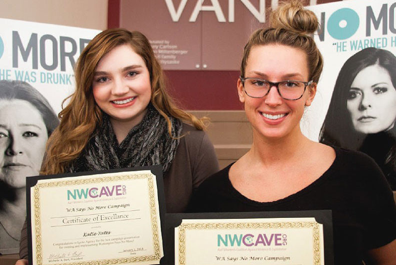 WSU Vancouver integrated strategic communication majors Katie Yates, above left, and Taylor Johnson had the winning project for the National Women’s Coalition Against Violence & Exploitation’s 2018 “WA Says No More” campaign.