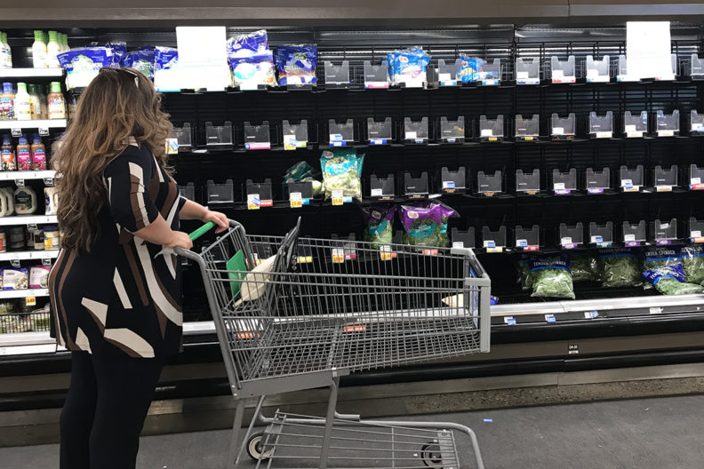 Bare shelves in a Richland, Wash., grocery store on April 16 after packages of romaine lettuce were voluntarily pulled. Stores and restaurants are restocking shelves with romaine grown in another region. (Photo by Faith Critzer, WSU)