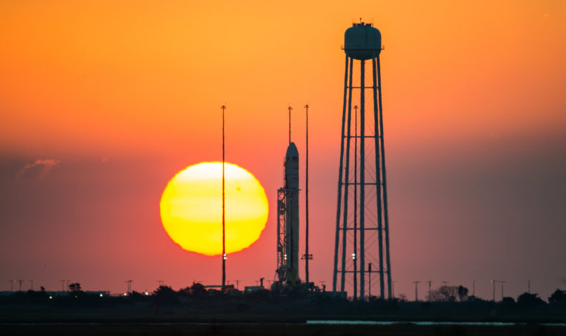 Antares rocket with Cygnus spacecraft ready for takeoff at a NASA launch facility in Virginia