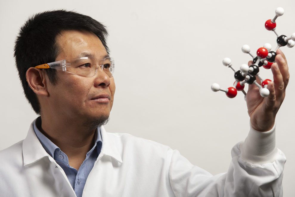 A closeup of Zhang inspecting a molecular model.