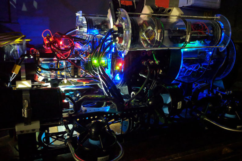 Closeup of a robotic submarine.