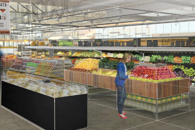 Drawing of the interior of a grocery store.