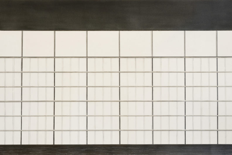 Grid art resembling windows on coliseum.