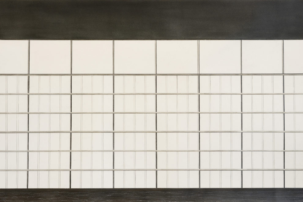 Grid art resembling windows on coliseum.