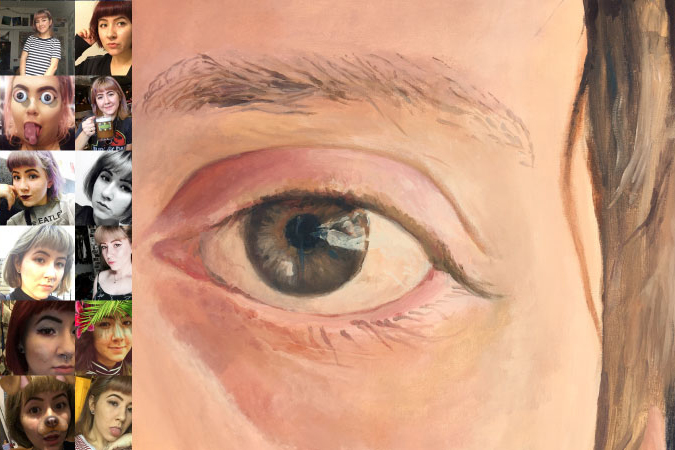 Artwork featuring women's faces and a giant face and eye.