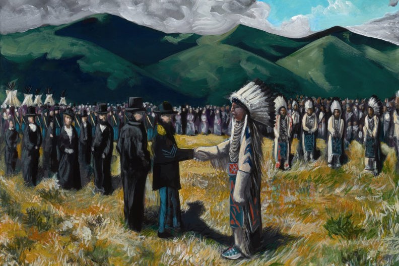 Painting of American Indians and calvary men in open field with mountains in background.