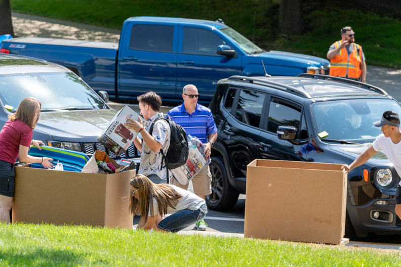 numerous cars and people moving boxes of stuff