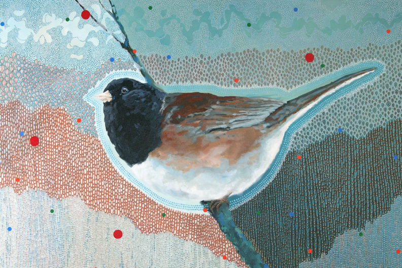 Painting of bird on a branch.