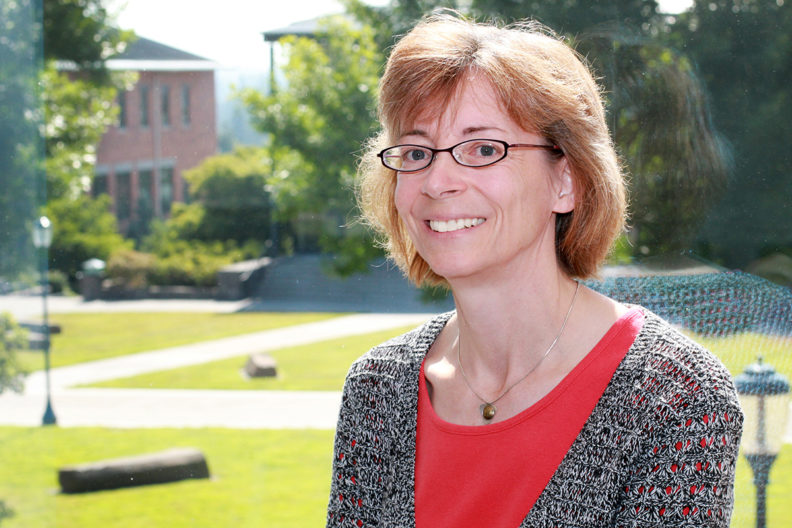 Closeup of Barbara Sorg outdoors on the WSU Vancouver campus.
