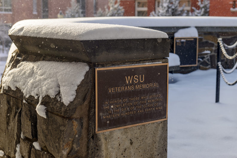 WSU Veteran's Memorial covered in snow.