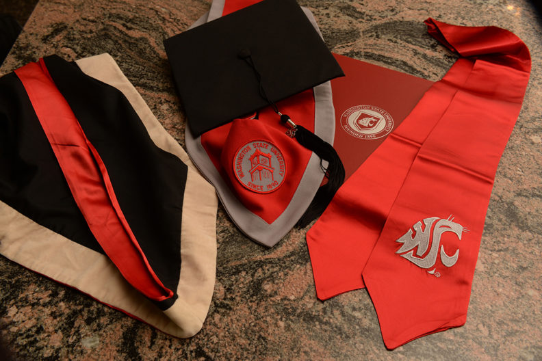 WSU graduation cap, gown and regalia.