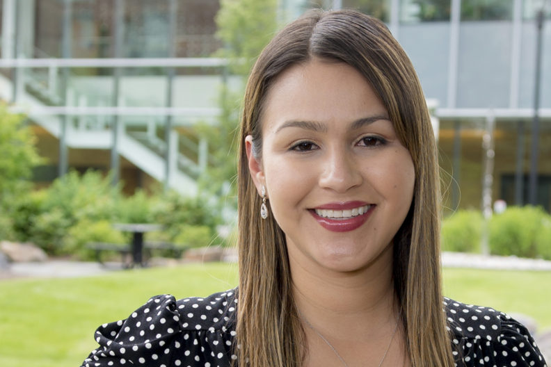 Closeup of Ana Vergara outdoors on WSU Spokane campus.