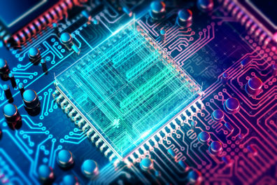 Computer chip on a circuit board.