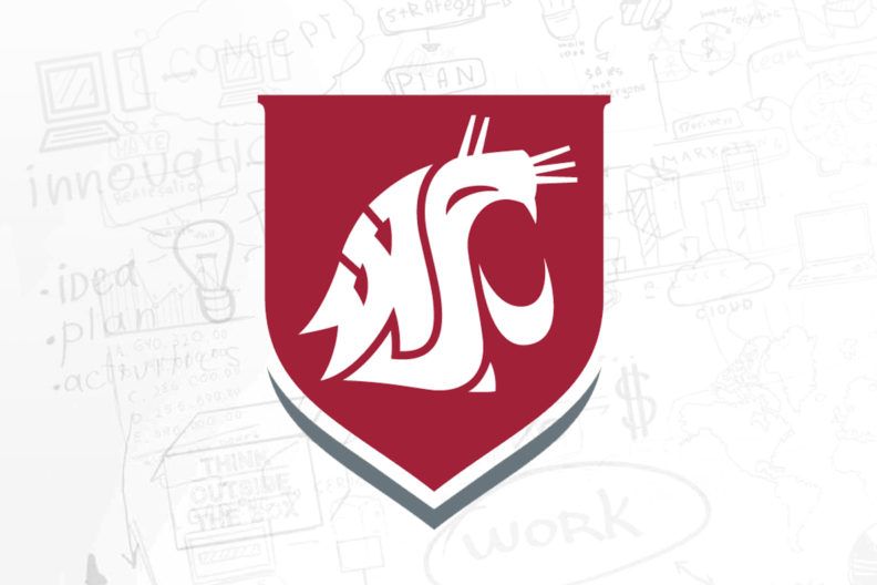 WSU crest in front of several planning notes and sketches.