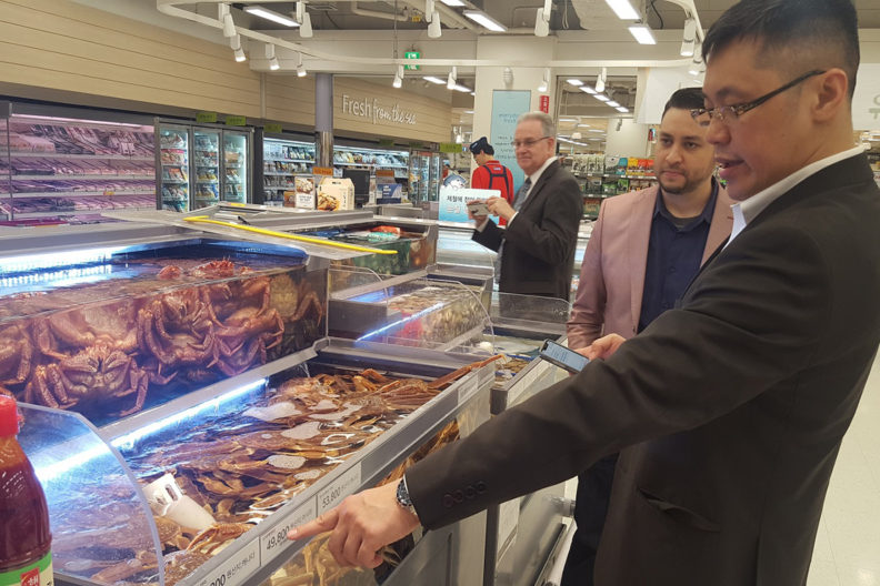 Wen, Shulman and Jenkins looking at seafood in a refrigerated display in grocery store.