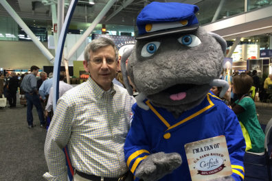 Donegan and Ivars catfish mascot at Boston Seafood Show.
