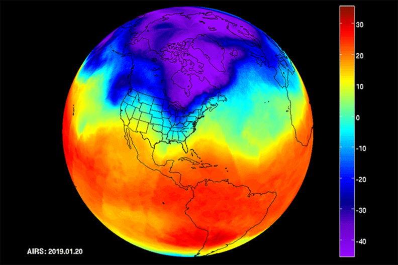 Thermal image of the earth showing polar vortex conditions.