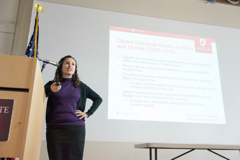 Celestina Barbosa-Leiker gave an overview of how opioid use disorder affects men and women differently at WSU Health Sciences’ Inland Northwest Research Symposium on April 23.