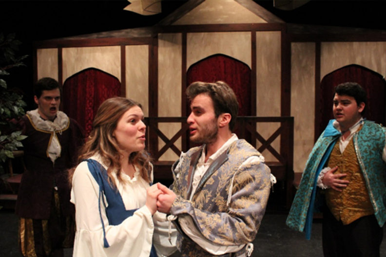 Actors performing "The Merry Wives of Windsor" on stage.
