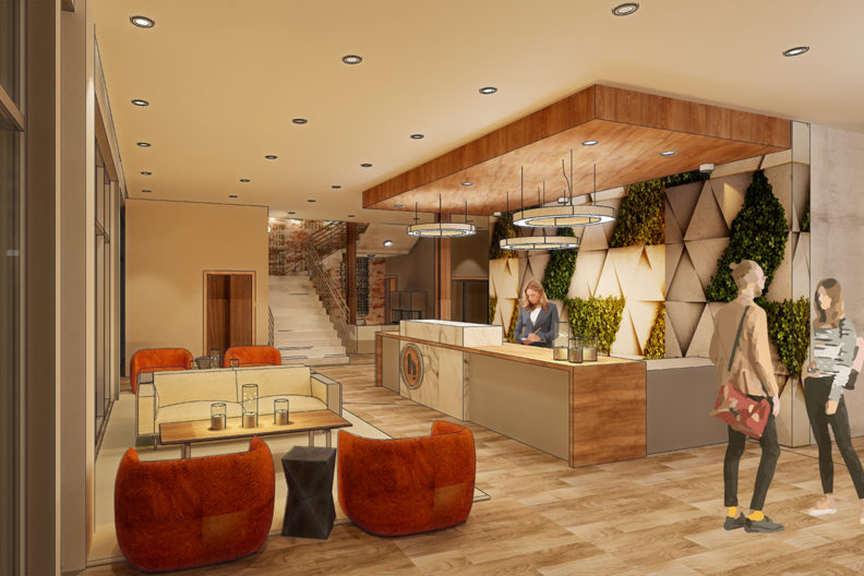 Rendering of a hotel lobby with exposed brick, a green, living wall of plants, and orb lights.
