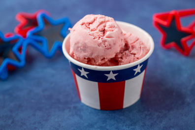 Ice cream in an American flag-themed container.