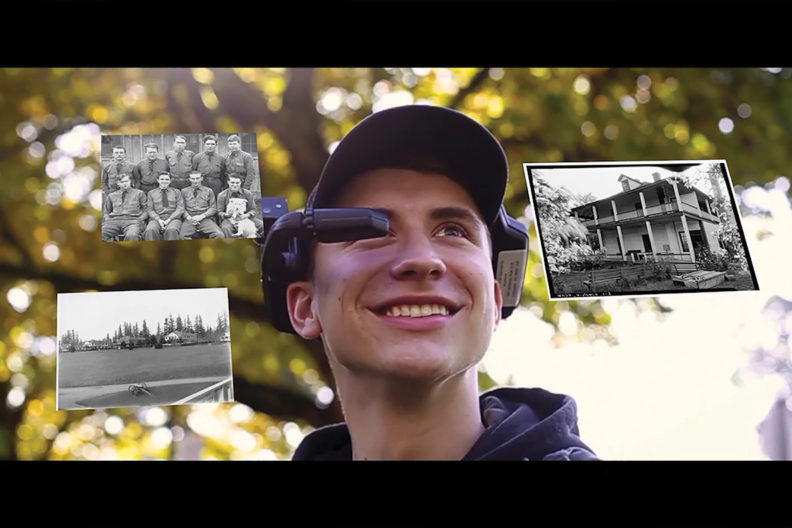 Student wearing an augmented reality headset.