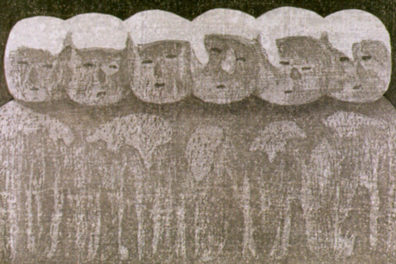 Artwork portraying the outline of 6 individuals standing together.