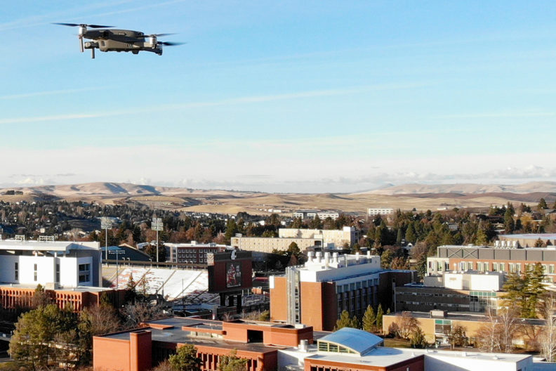 Drone hovering high above the WSU Pullman campus.