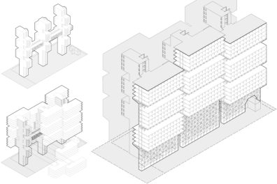 A rendered image of timber city architecture