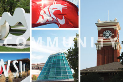 Multiple different photographs of places at WSU with the text "community"