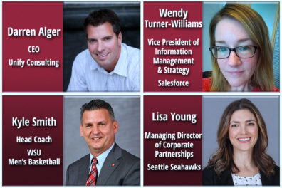 A picture featuring four people and their various positions at their companies